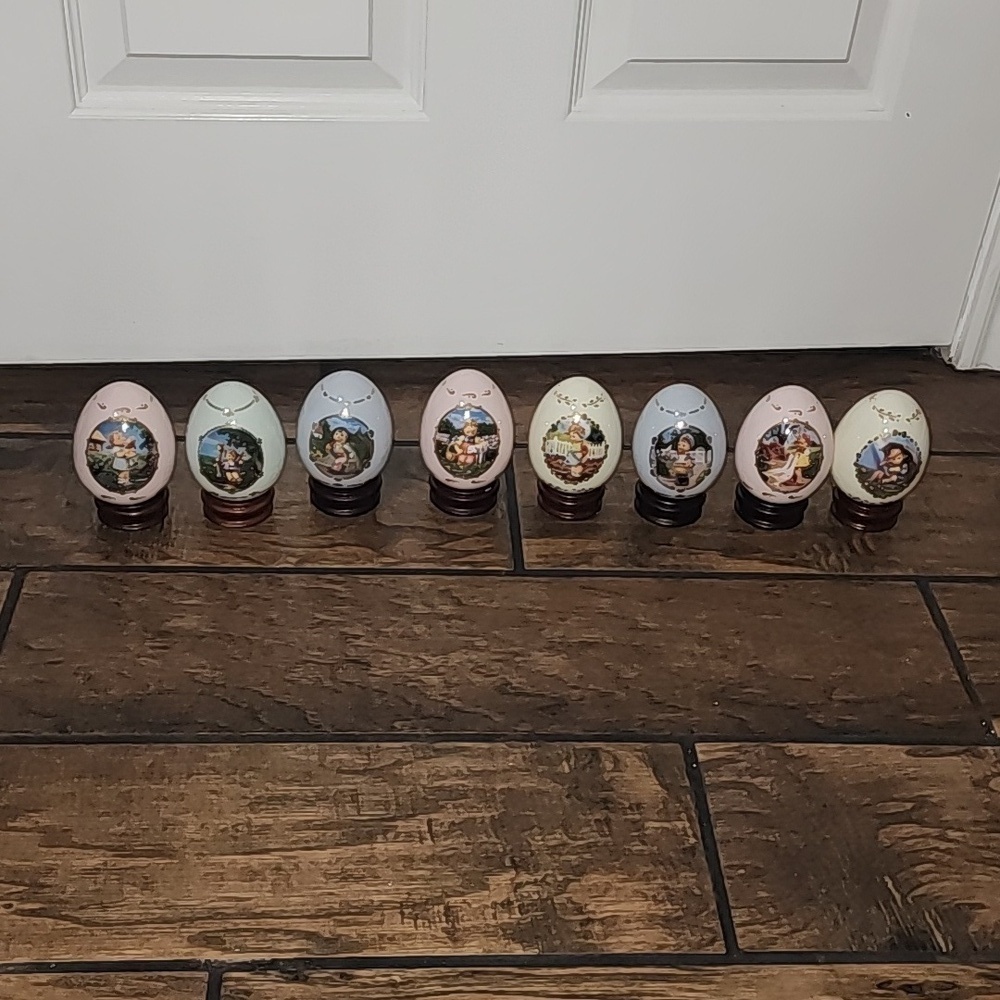 Set of 8 MJ Hummel Porcelain Egg Collection Danburry Mint with Stands 1990s​​​​​